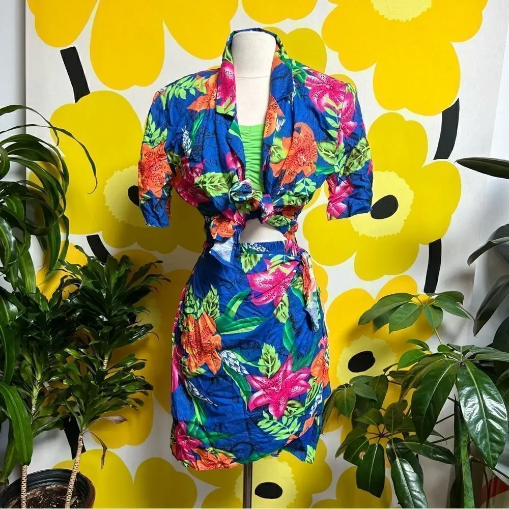 Vintage 80s / 90s Neon Tropical Hawaiian Tiki 3 piece Beach Vacation Skirt Set